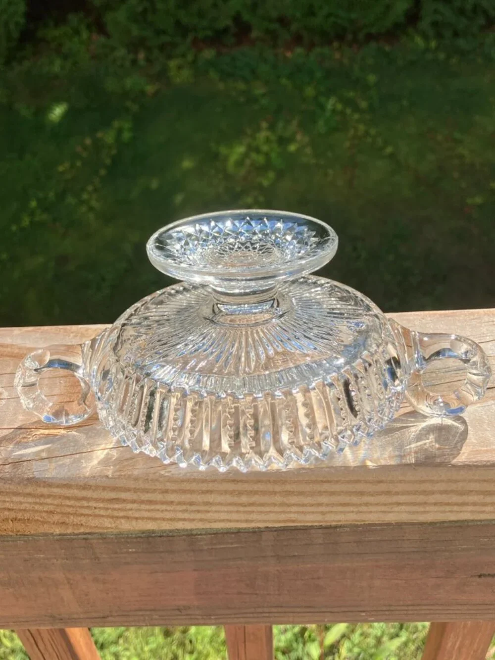 Vintage EAPG Brilliant Candy Dish Double Handle Starburst Sawtooth Rim cir 1910